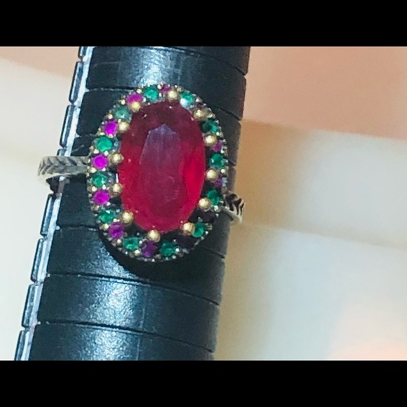🌺MARKDOWN SALE!!! Stunning Art Deco Ruby & Emerald 925/14K Ring! - Picture 7 of 16